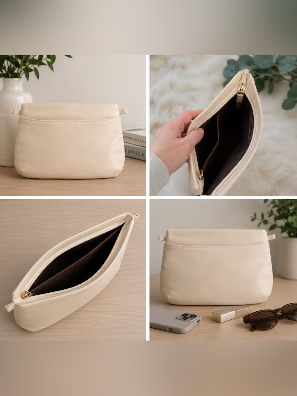 Cream Minimalist Pouch Clutch Bag Two Compartment Zip Cosmetic Travel Organizer